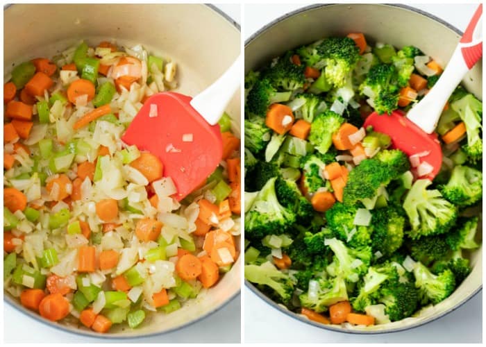 A dutch oven with vegetables for making cream of broccoli soup.