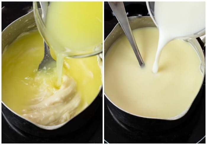 Adding chicken broth and milk to a saucepan to make Cream of Chicken Soup.