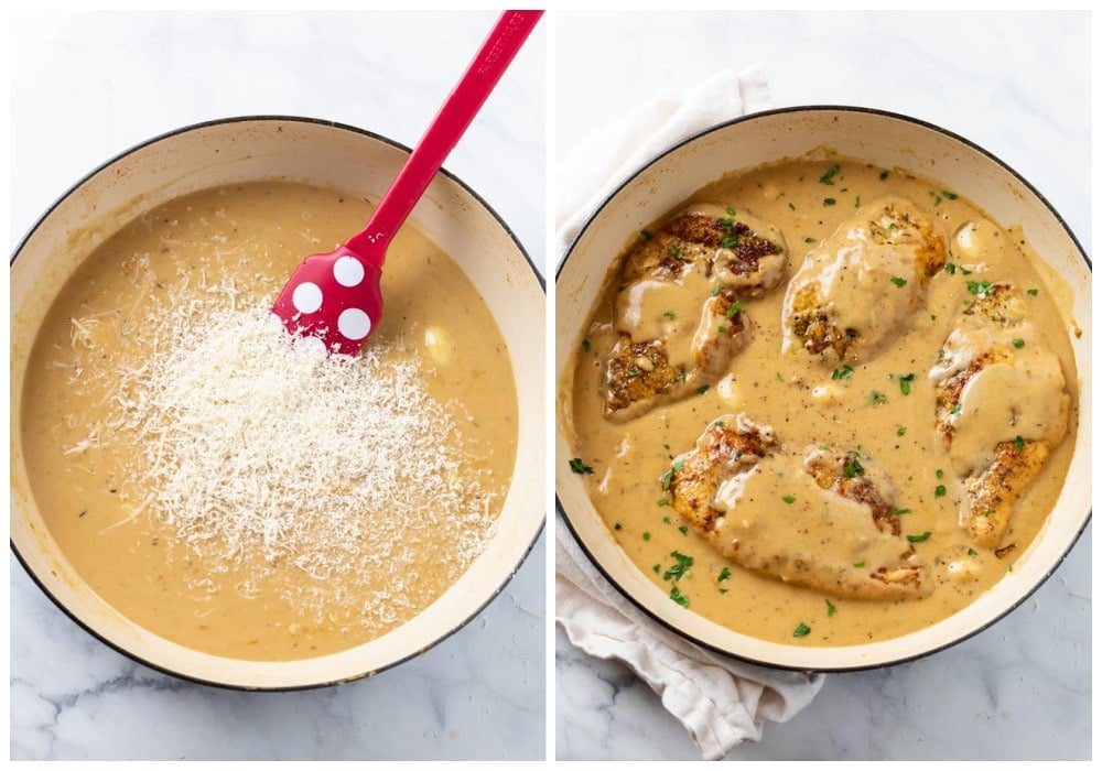 Creamy garlic chicken with Parmesan cheese and chicken being added to the sauce.