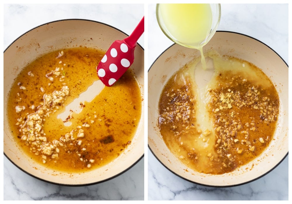 A skillet with garlic, wine, and chicken broth for making creamy lemon sauce.