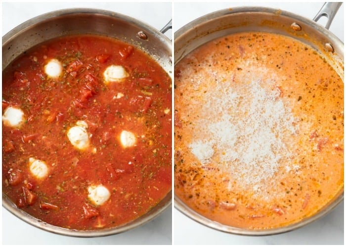 Adding cream cheese and Parmesan cheese to a skillet for creamy tomato pasta.