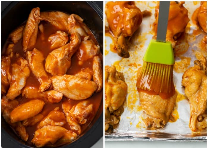 Chicken wings in the Crock Pot after being cooked and being brushed with more Buffalo Sauce.