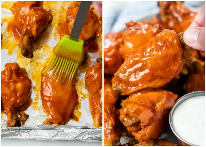 Crock Pot Chicken Wings being brushed with Buffalo Sauce and served with blue cheese.