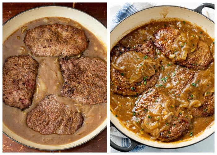 A skillet with cube steak smothered in brown gravy with onions.