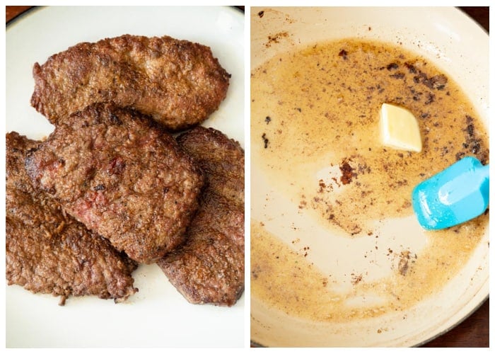 Seared beef steak next to a skillet with butter melting in fond in a skillet.