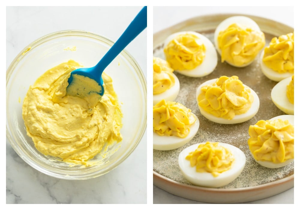 Deviled egg filling in a bowl and in the egg whites.