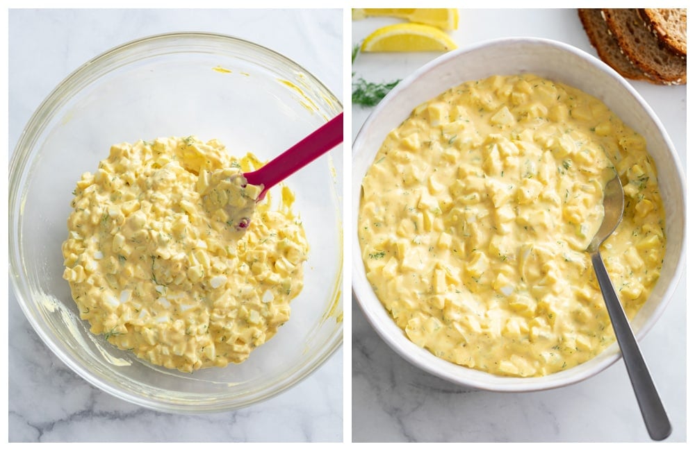 A glass bowl of egg salad next to a serving bowl of chilled egg salad.