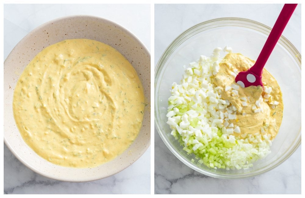 Adding diced egg whites, celery, and onions to egg yolk filling to make egg salad.