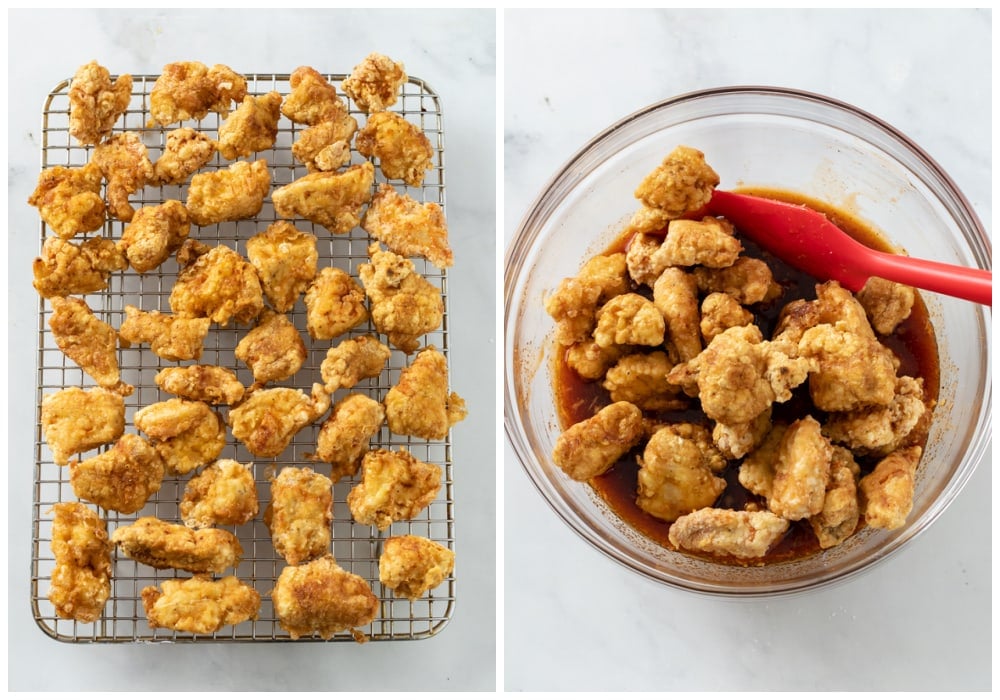 Fried Chicken on a cooling rack next to a bowl of the chicken being added to a bowl of firecracker sauce.