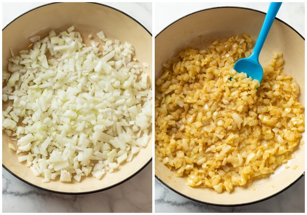 Diced onions in a pot being caramelized to make French Onion Dip.