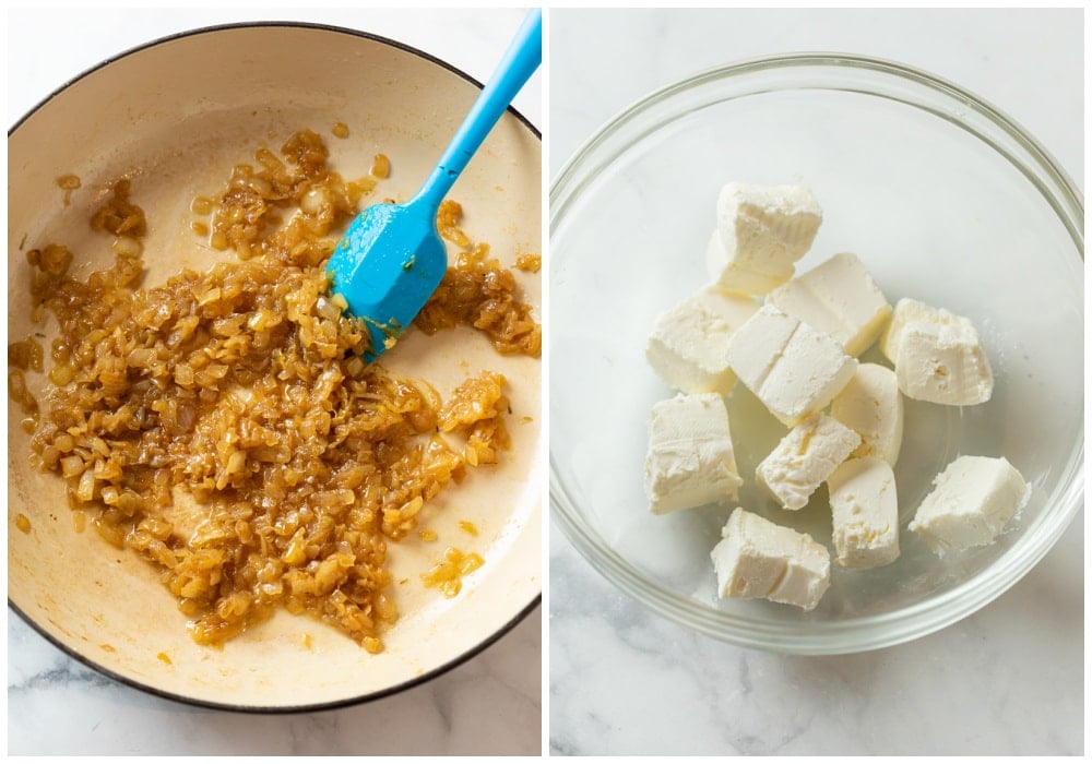 Caramelized onions in a pot next to a bowl of cubed cream cheese for French Onion Dip.