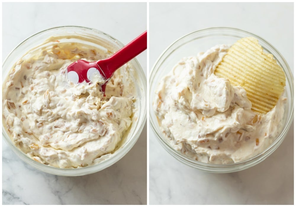 Making French Onion Dip in a glass bowl and serving it with a Ruffled chip.