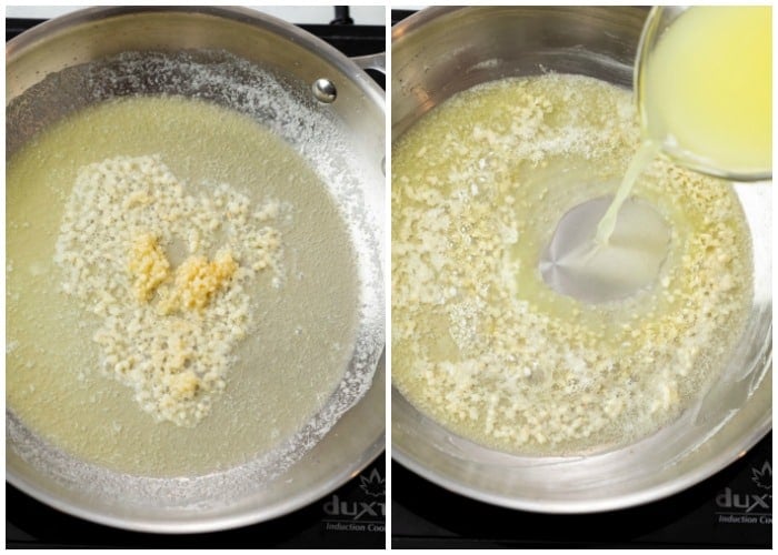 A skillet with garlic and butter with chicken broth to make Garlic Parmesan Pasta