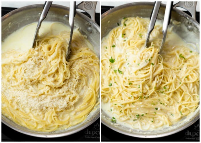 Finishing creamy Garlic Parmesan Pasta in a skillet.