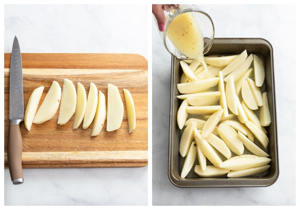 Sliced potato wedges on a cutting board next to a roasting pan with chicken broth being poured on them.