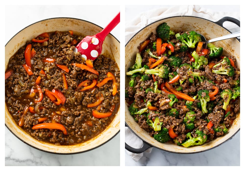 Making Ground Beef with Broccoli in a skillet with bell peppers.