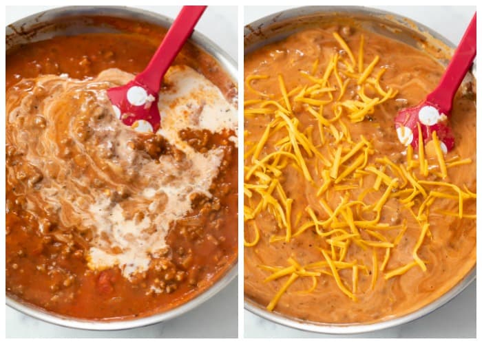 Adding cream and cheese to meaty tomato sauce for Ground Beef Pasta.