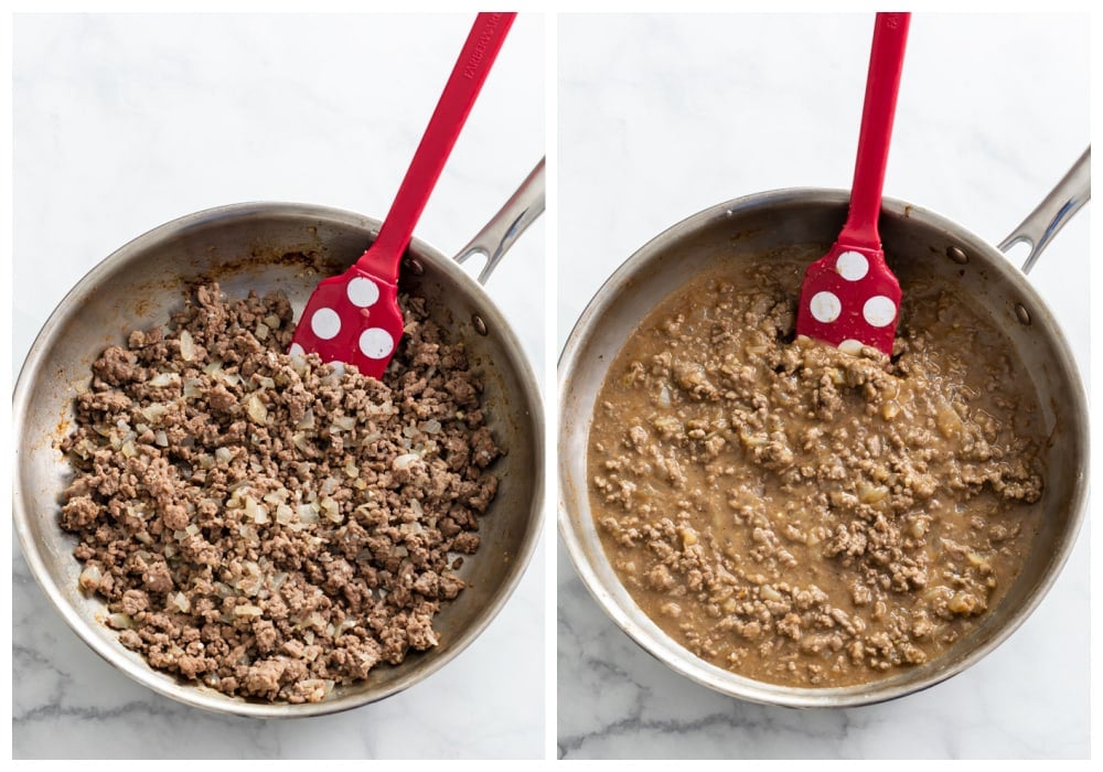 A skillet with cooked ground beef and onions with beef broth being added.