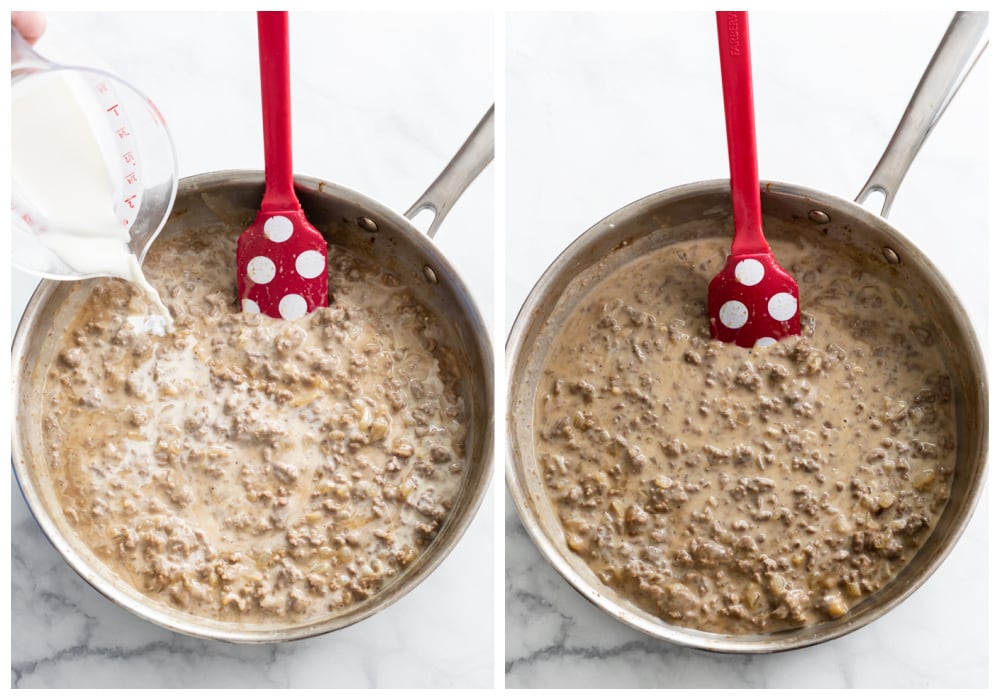 A skillet with half and half being added to make hamburger gravy.