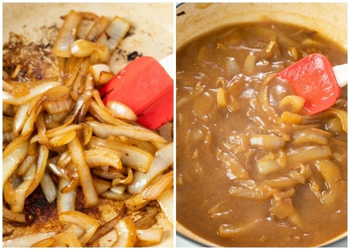 Onions cooking in a pan to make brown gravy with onions.