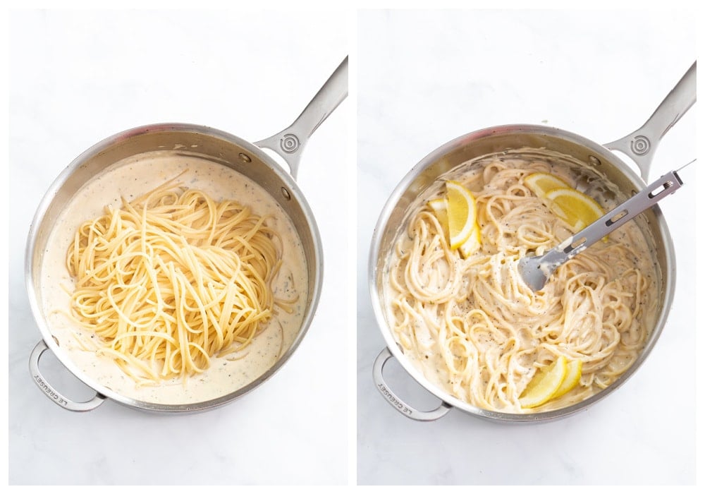 A skillet with linguine being added to a creamy herb sauce.