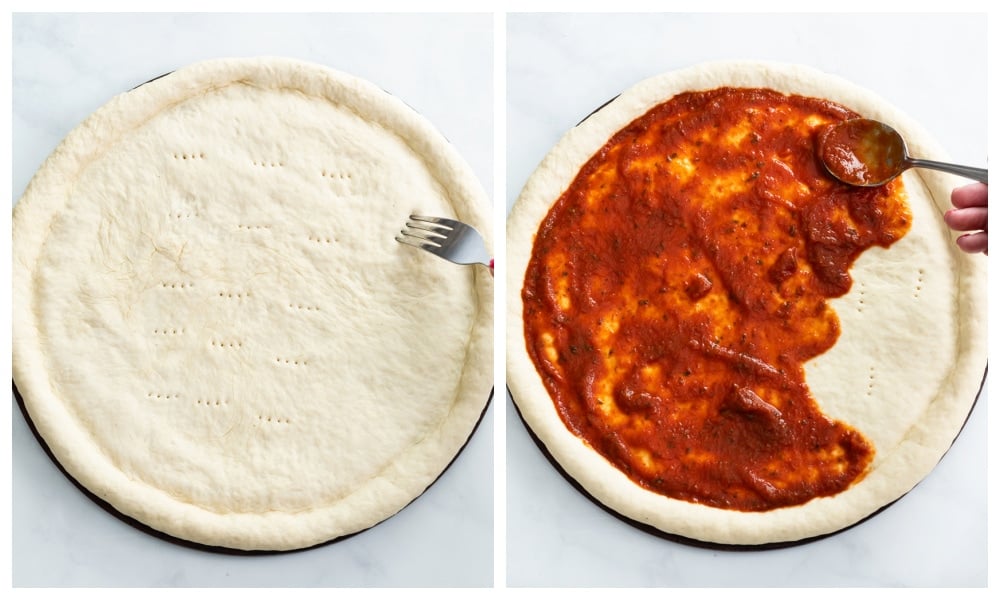 Homemade pizza dough on a pizza pan with sauce being added.