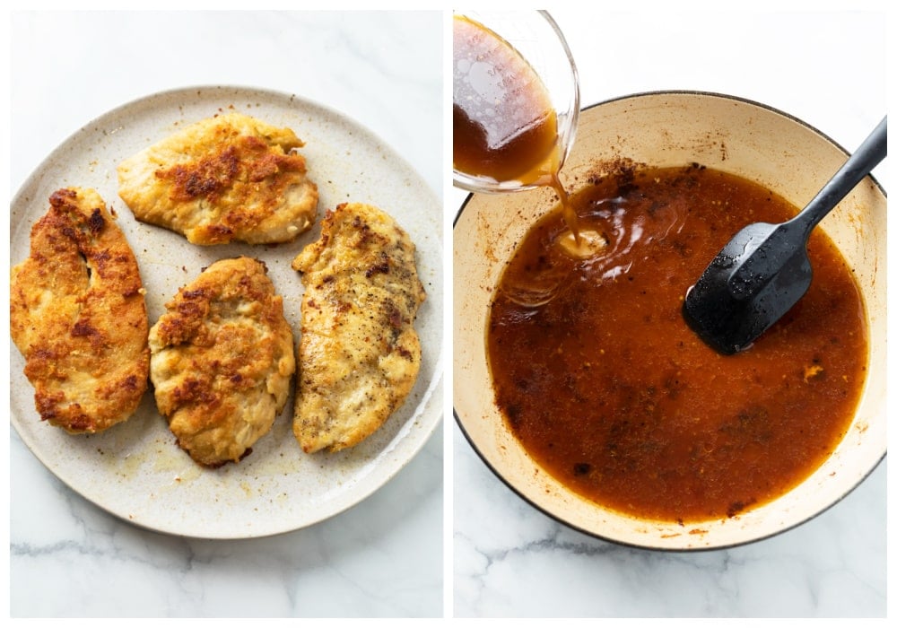 A plate of seared chicken next to a skillet with a beef broth mixtures being added.