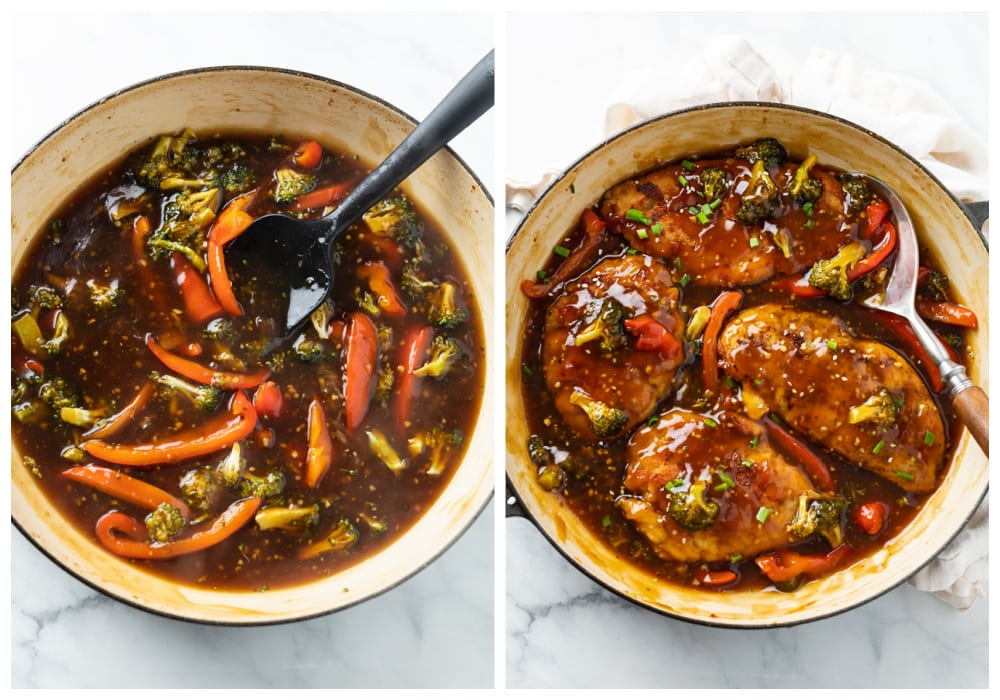 A skillet with glaze, broccoli, peppers, and chicken for honey garlic chicken.