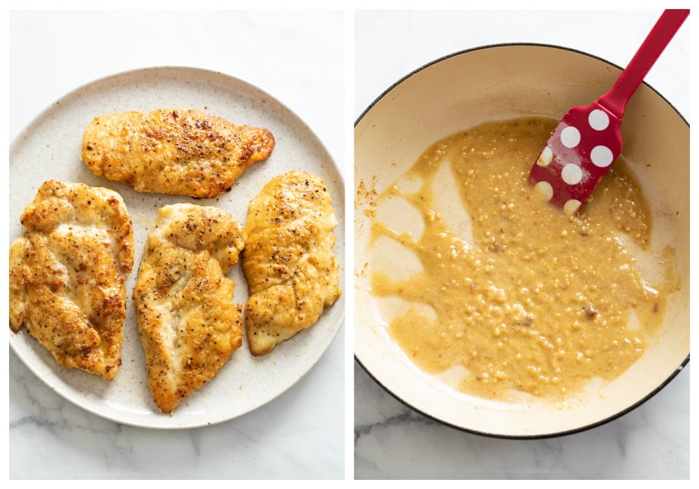 Seared chicken on a plate next to a skillet with garlic and roux.