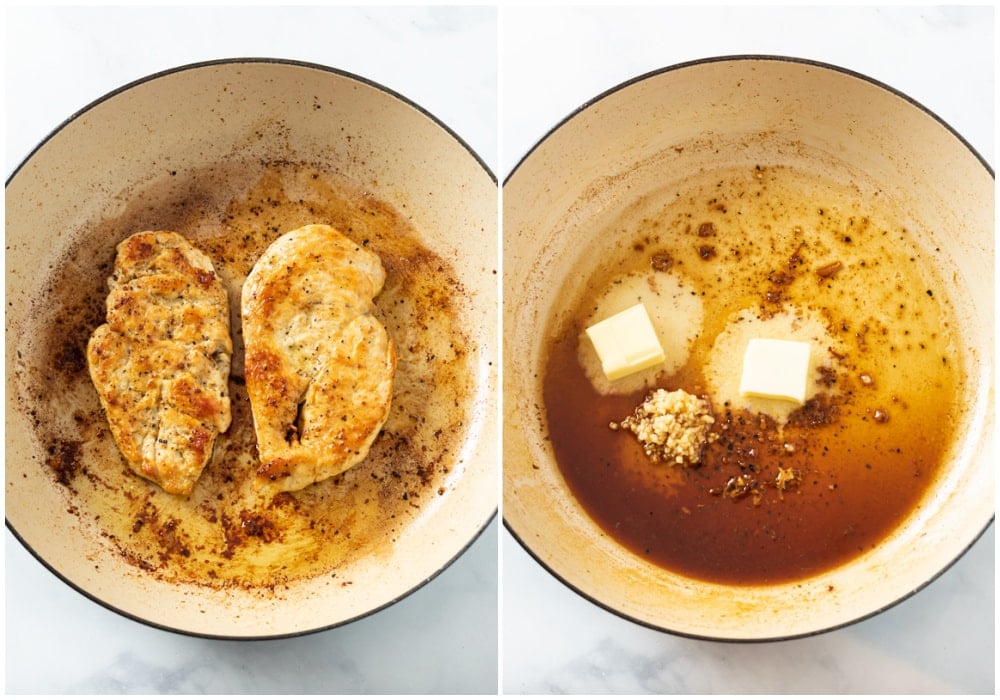 Seared chicken in a skillet next to a skillet with wine, butter, and garlic.