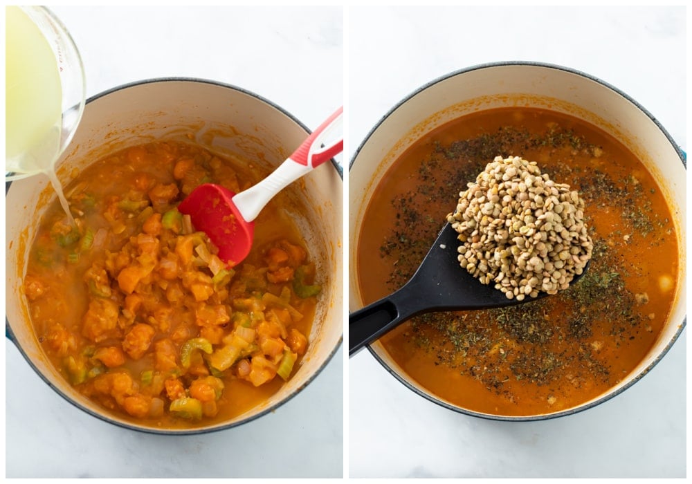 Adding chicken broth to a soup pot, then adding lentils.