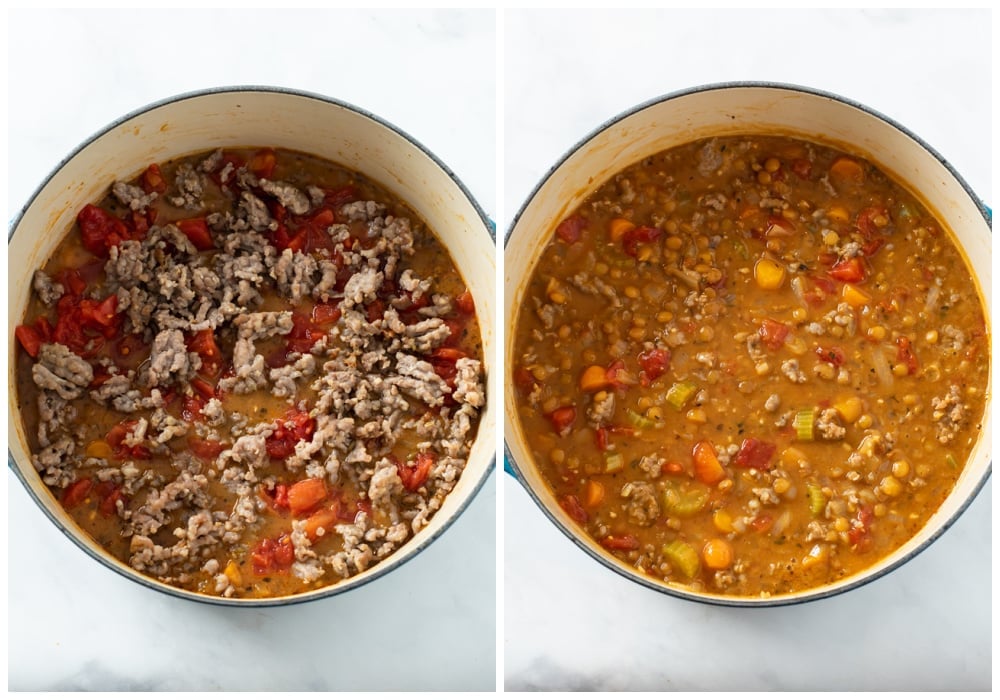 Adding cooked sausage and diced tomatoes to Lentil Sausage Soup.