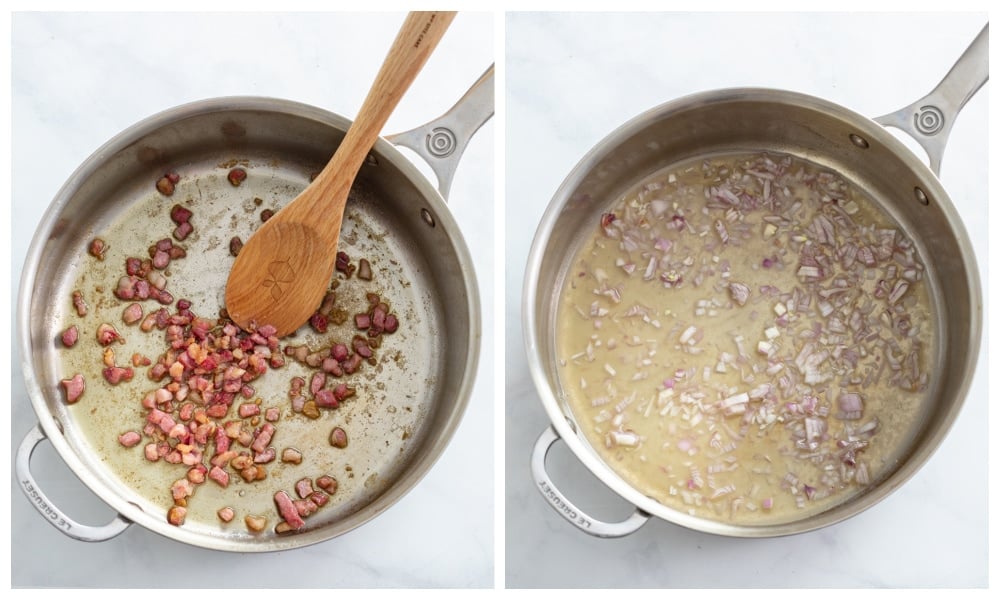 A skillet with pancetta next to a skillet with white wine and shallots.