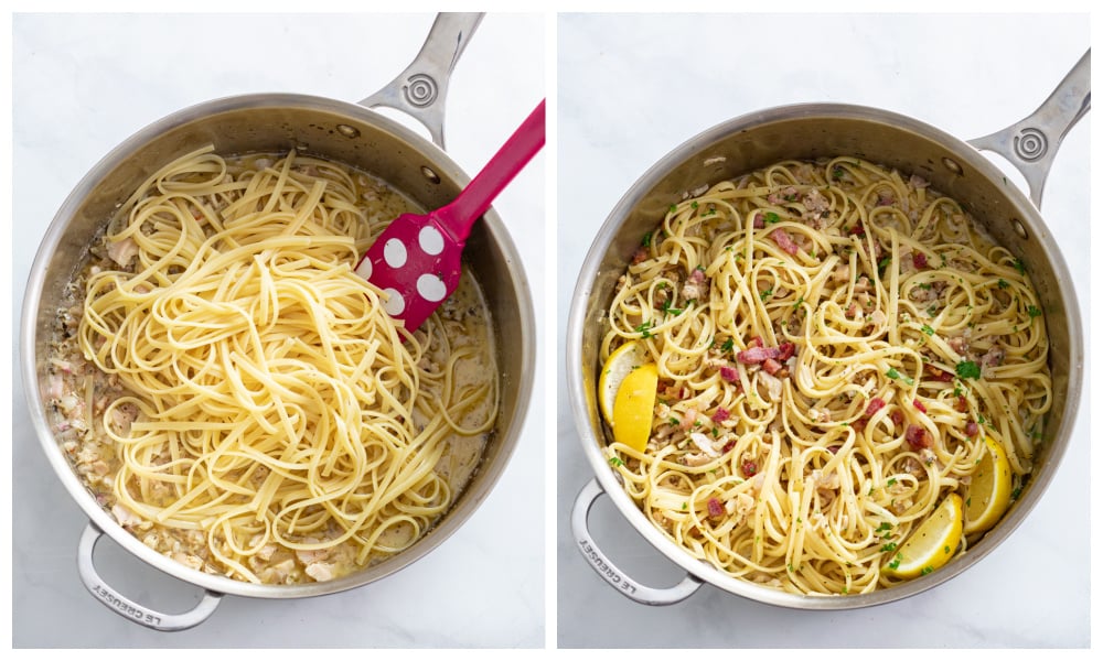 Adding linguine to a skillet with clam sauce.