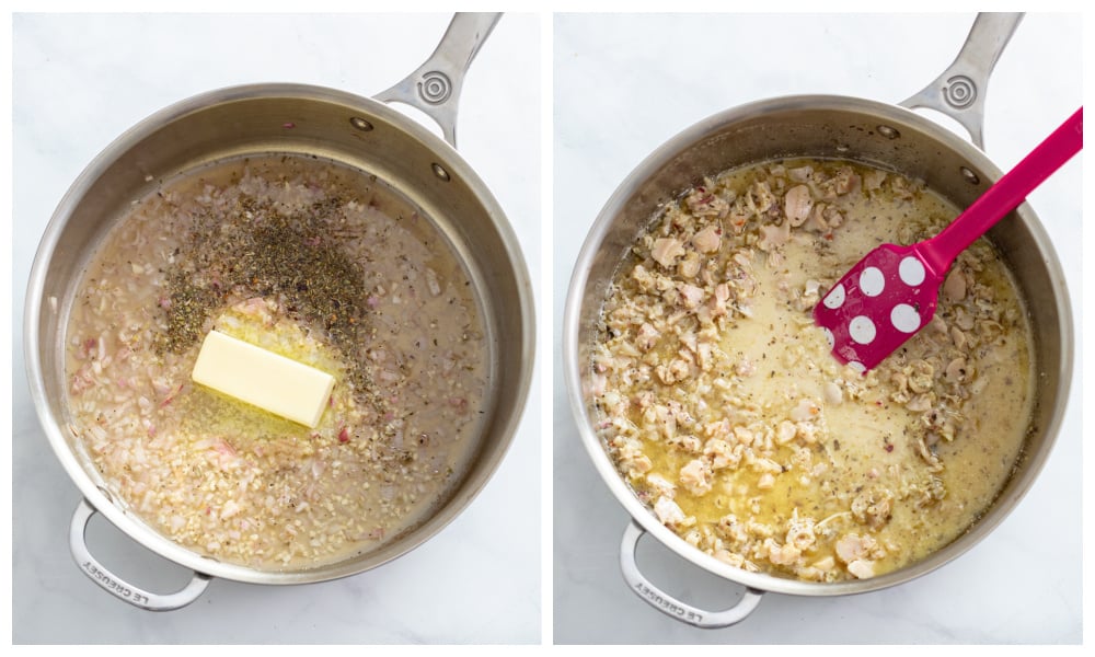 Making a white wine clam sauce with butter, garlic, shallots, and clams.