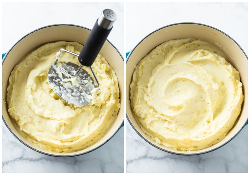 A potato masher in a pot of potatoes next to a pot of creamy mashed potatoes.