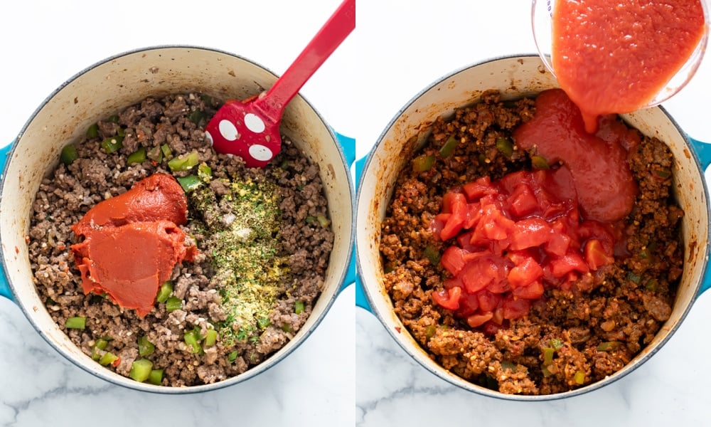 Adding tomato paste, seasonings, diced tomatoes, and crushed tomatoes to meat to make meat sauce.