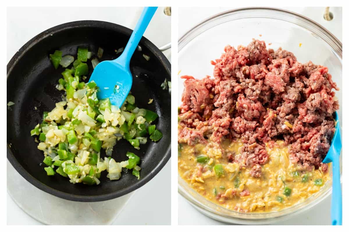 Making meatloaf mixture be sauteeing vegetables and adding them to a panade with ground beef for meatloaf.