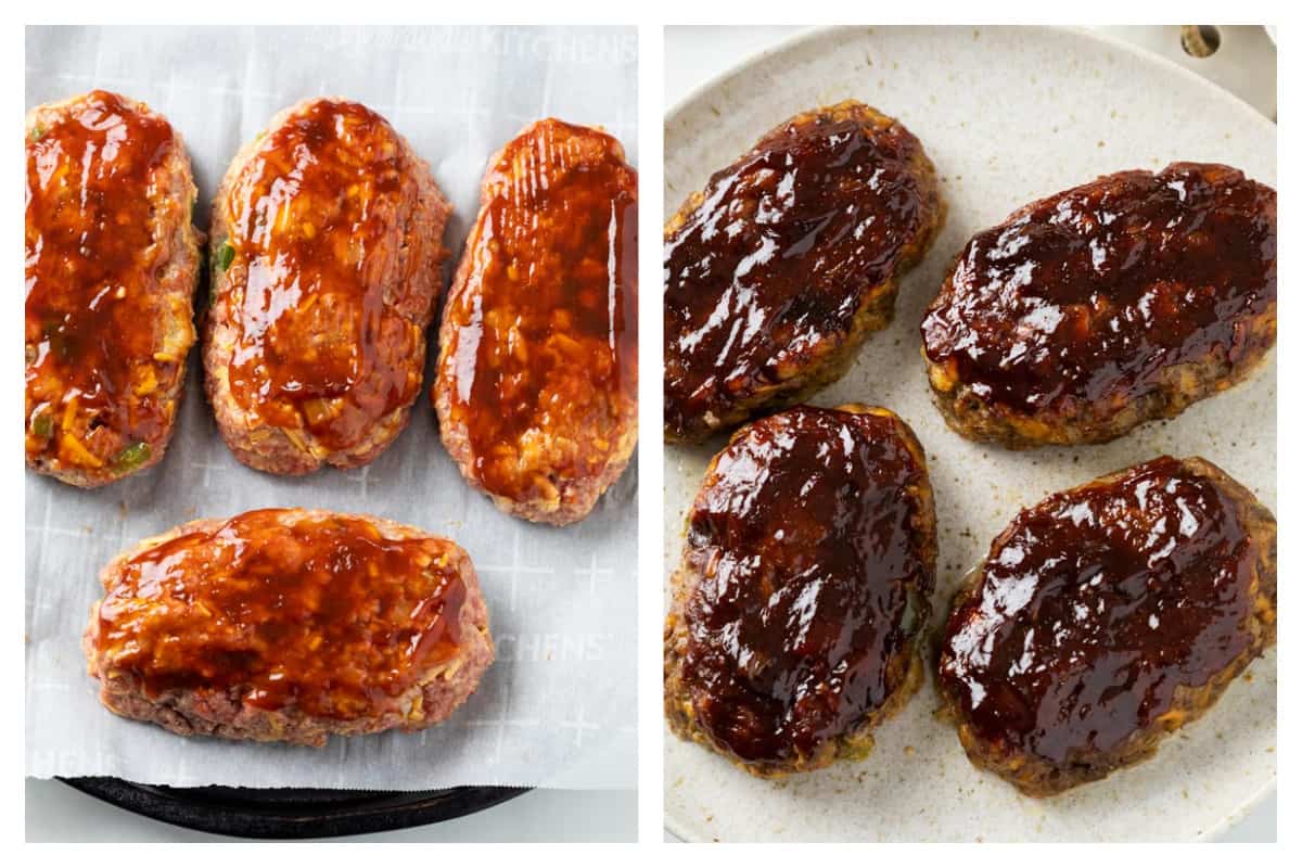 Mini Meatloaf on a baking sheet before baking and on a plate after baking.