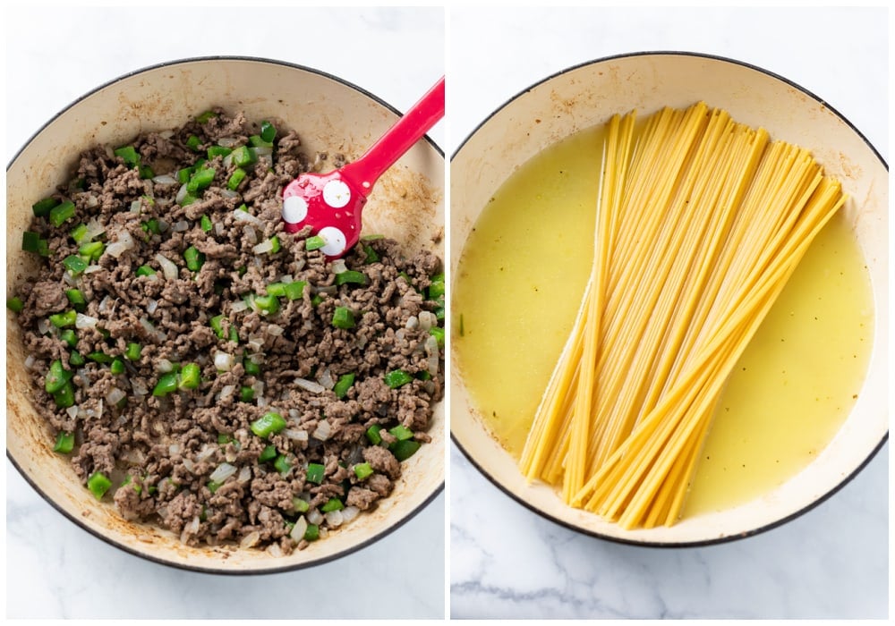 Cooked Ground beef, onions, and peppers in a skillet next to a skillet of spaghetti in chicken broth.