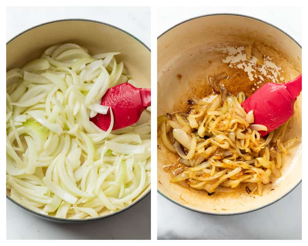 A dutch oven full of white onions before and after softening them for onion gravy.