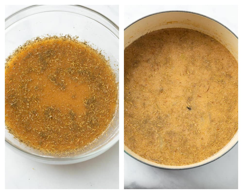 A glass bowl and dutch oven with seasonings, beef broth, and cornstarch/water for onion gravy.