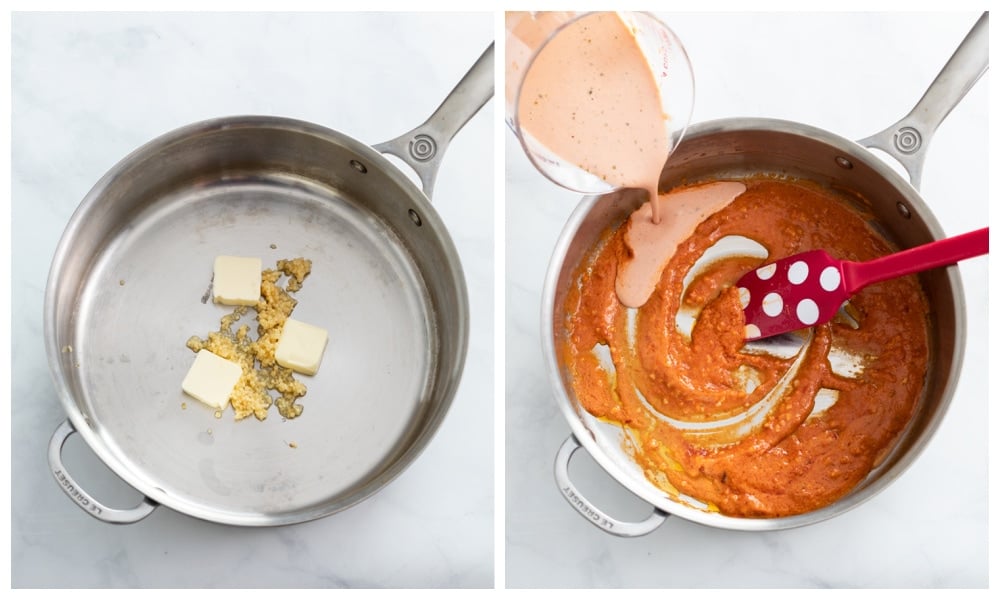 Making Pink sauce in a skillet with butter, garlic, tomato paste, and a cream sauce.