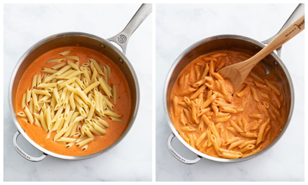 Adding Penne to Pink Sauce and stirring to combine.