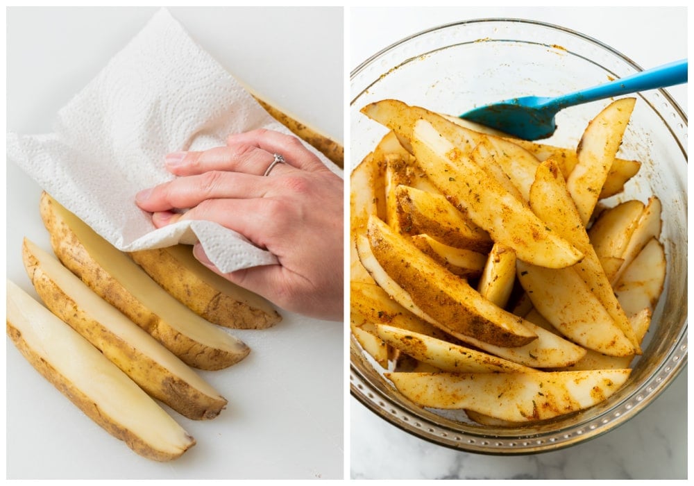 Patting potato wedges dry and adding seasoning before baking.