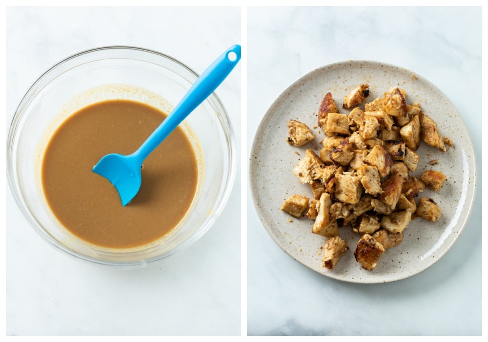 A bowl of peanut sauce next to a plate of cooked chicken for stir fry.