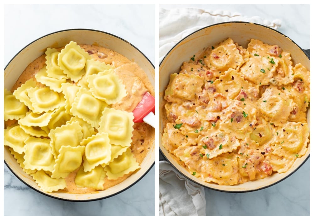 Adding Ravioli to a creamy tomato sauce and stirring to combine.