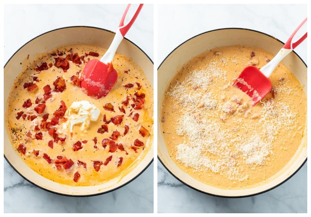 Adding cream cheese, tomatoes, and Parmesan cheese to Ravioli Sauce.