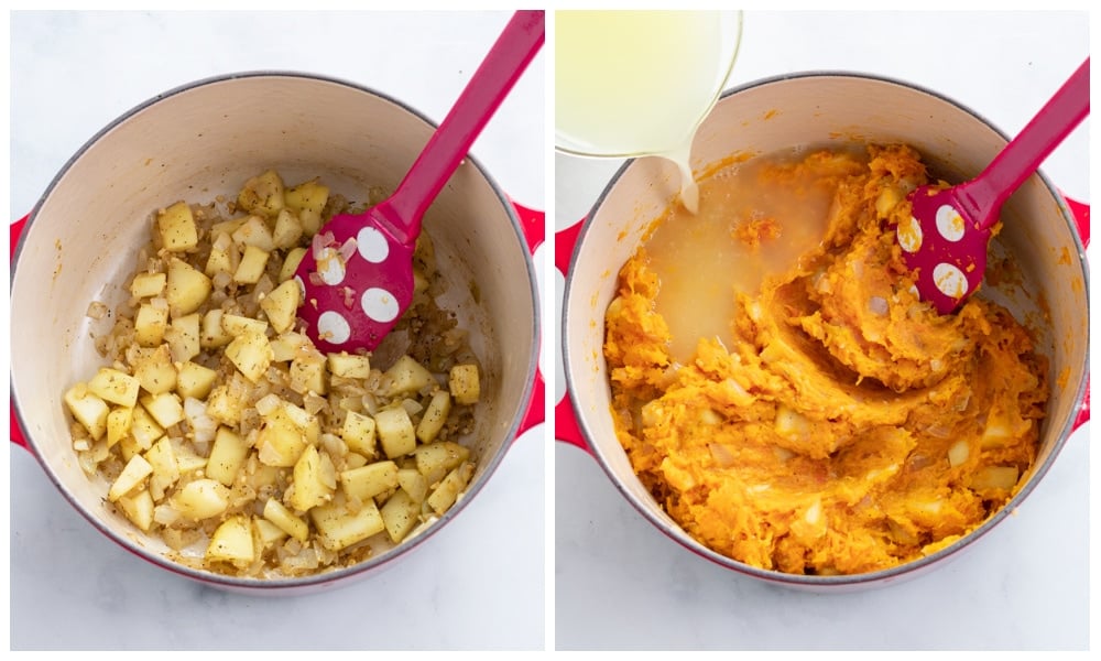 Making Butternut Squash Soup with onions, apples, seasonings, squash, and broth.