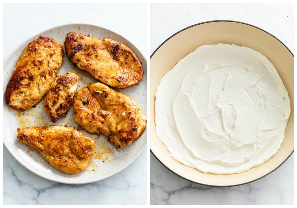 Seared chicken on a plate next to a baking dish with cream cheese in it for Salsa Chicken.